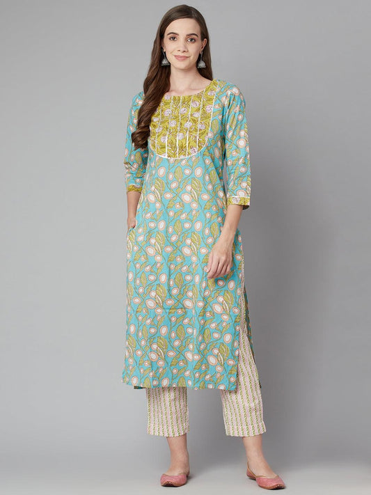 Divena Sky blue Floral Printed Cotton kurta Pant Set - divena world-Mohi