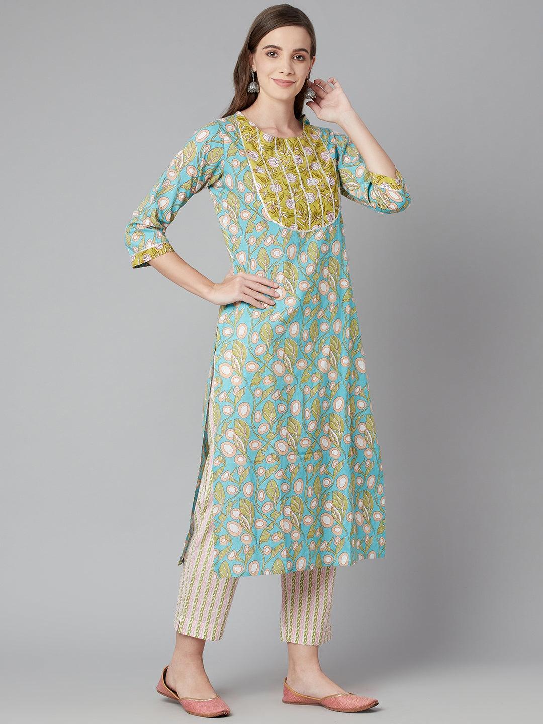 Divena Sky blue Floral Printed Cotton kurta Pant Set - divena world-Mohi