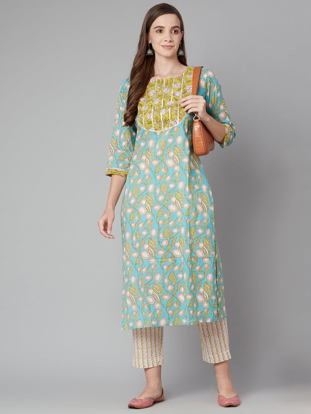 Divena Sky blue Floral Printed Cotton kurta Pant Set - divena world-Mohi