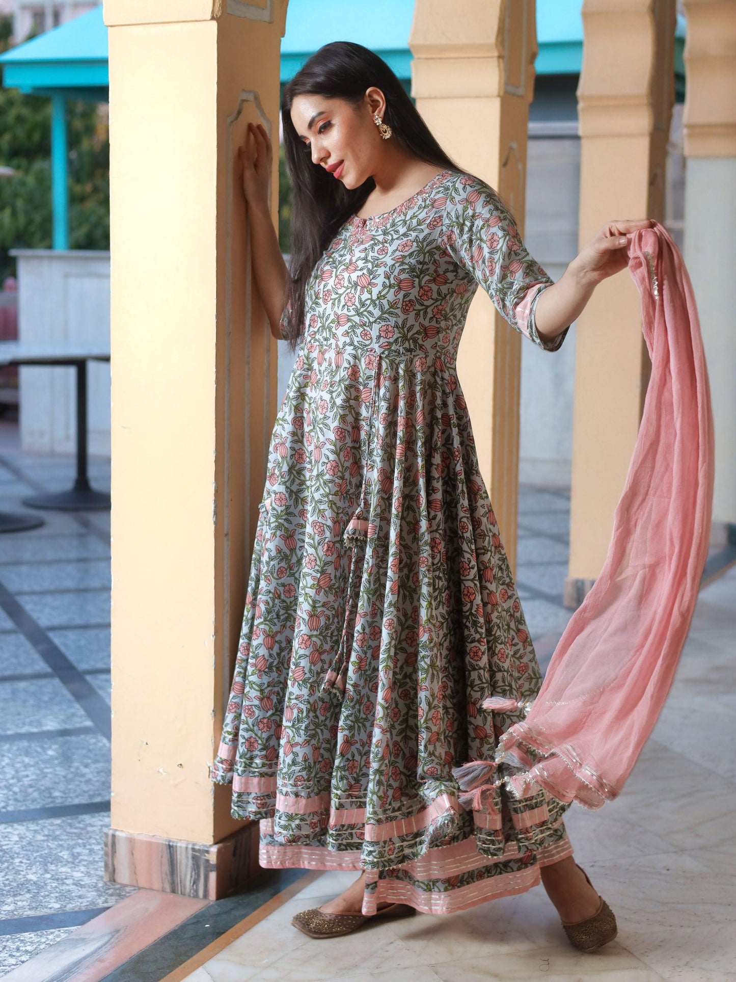 Divena Pastel Blue Floral Anarkali Cotton Kurta Palazzo set with Dupatta - divenaworld.com