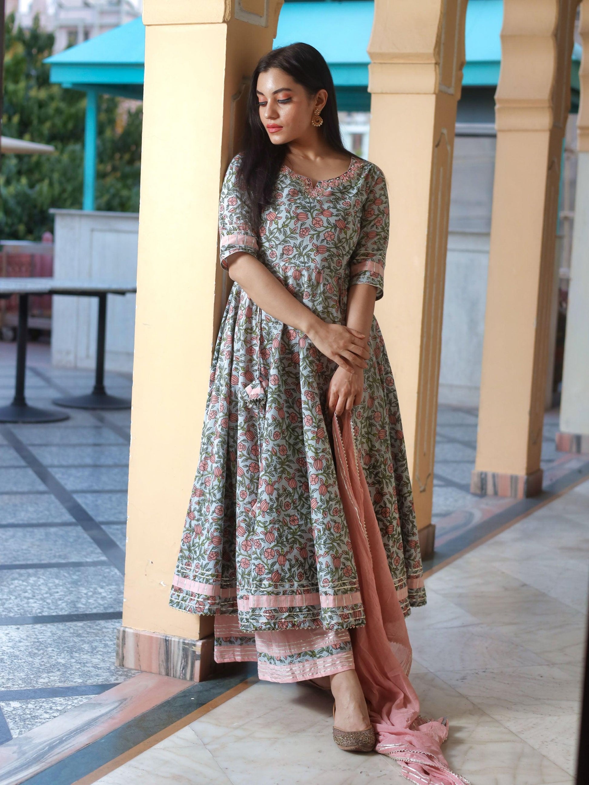 Divena Pastel Blue Floral Anarkali Cotton Kurta Palazzo set with Dupatta - divenaworld.com