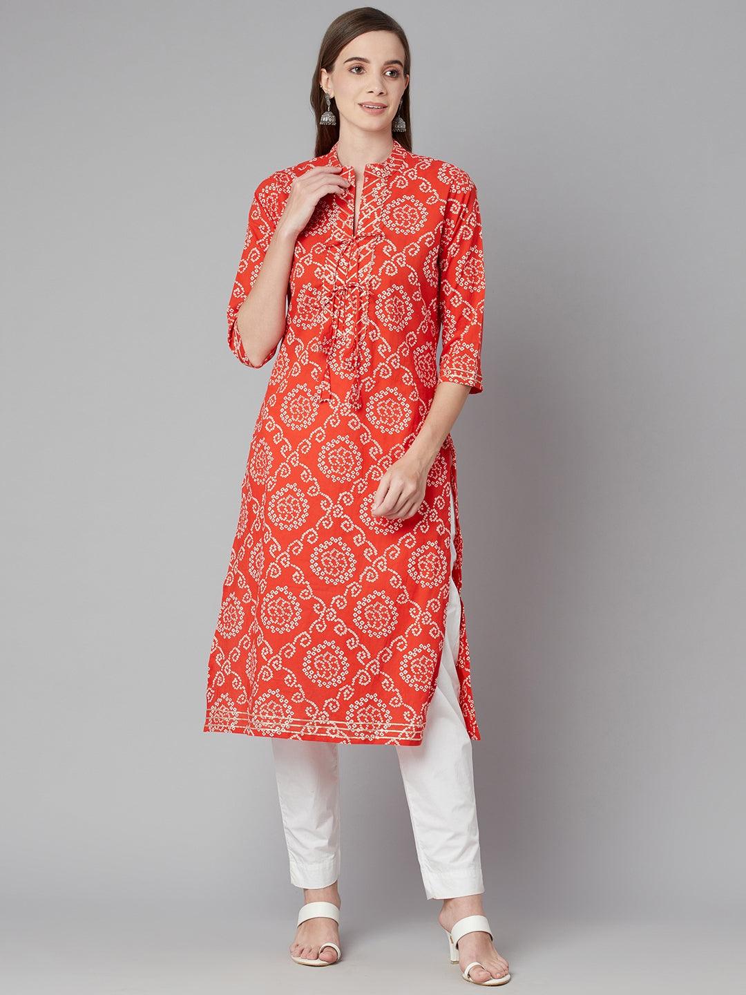 Divena Red bandhej Straight Kurta - divena world-Mohi