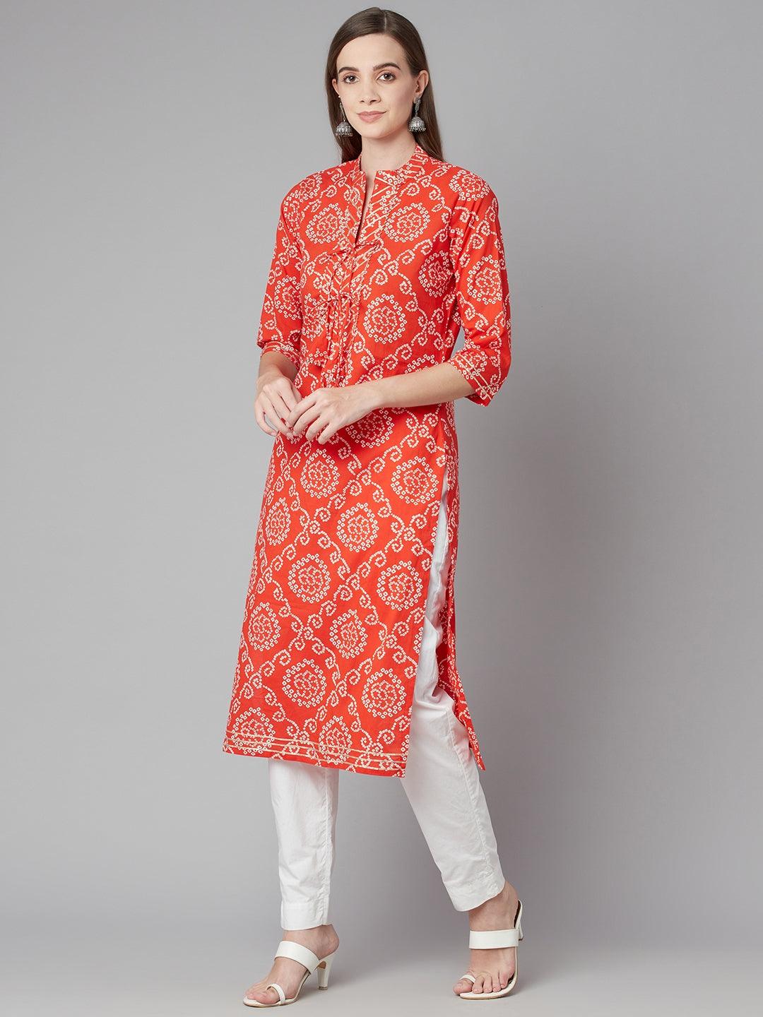 Divena Red bandhej Straight Kurta - divena world-Mohi