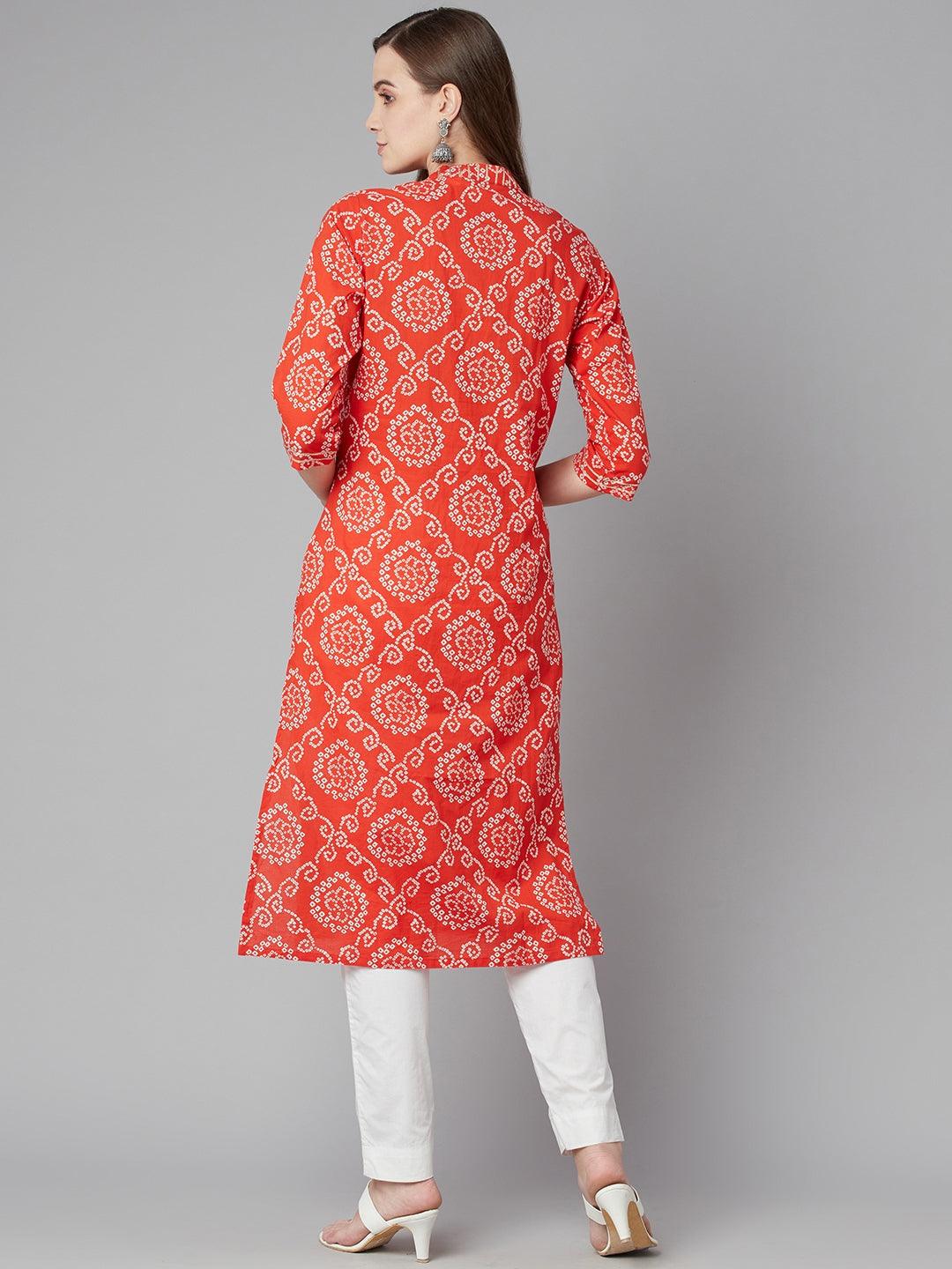 Divena Red bandhej Straight Kurta - divena world-Mohi