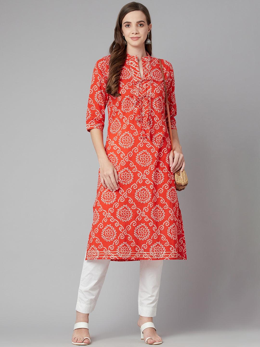 Divena Red bandhej Straight Kurta - divena world-Mohi