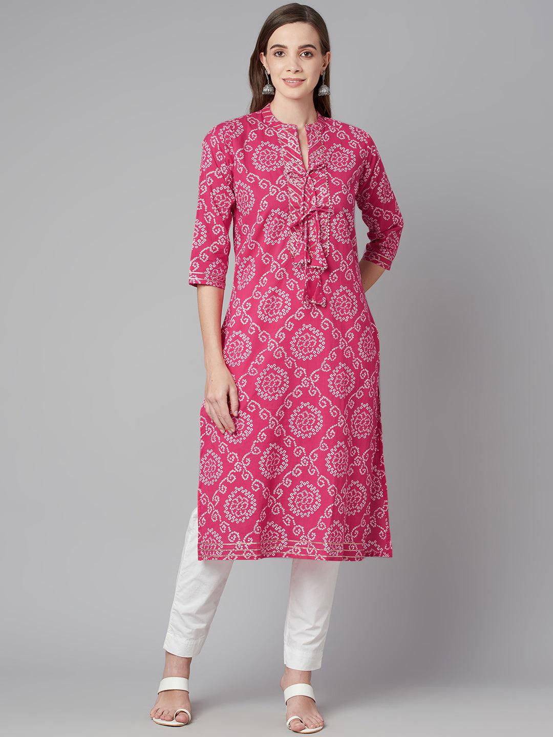 Divena Pink Bandhej Straight Kurta - divena world-Mohi