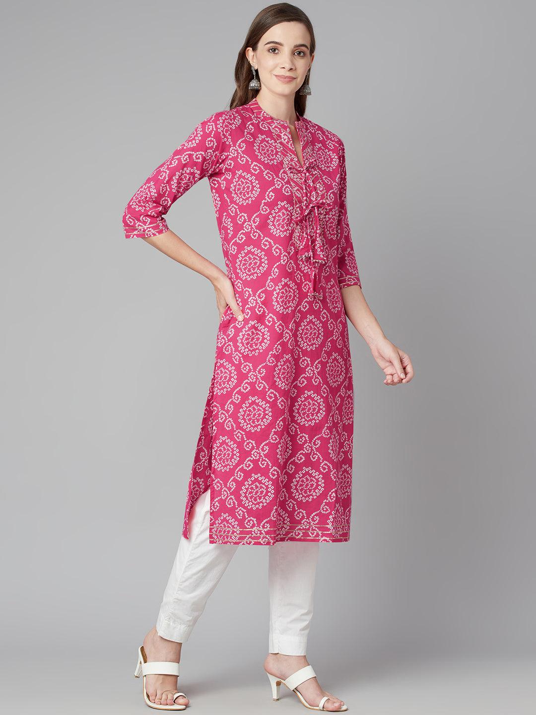 Divena Pink Bandhej Straight Kurta - divena world-Mohi