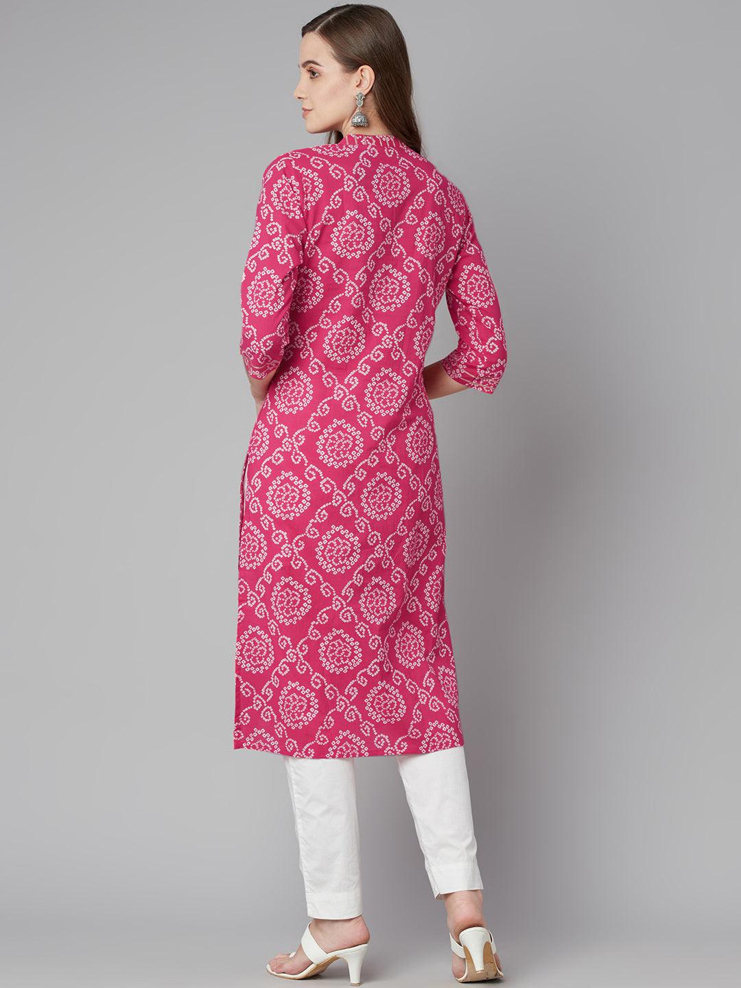 Divena Pink Bandhej Straight Kurta - divena world-Mohi