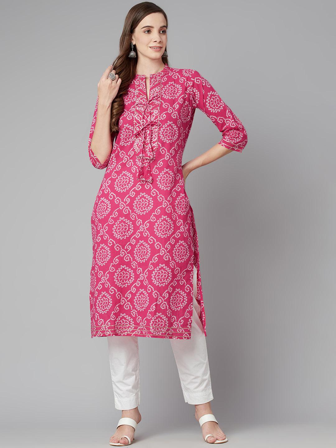 Divena Pink Bandhej Straight Kurta - divena world-Mohi