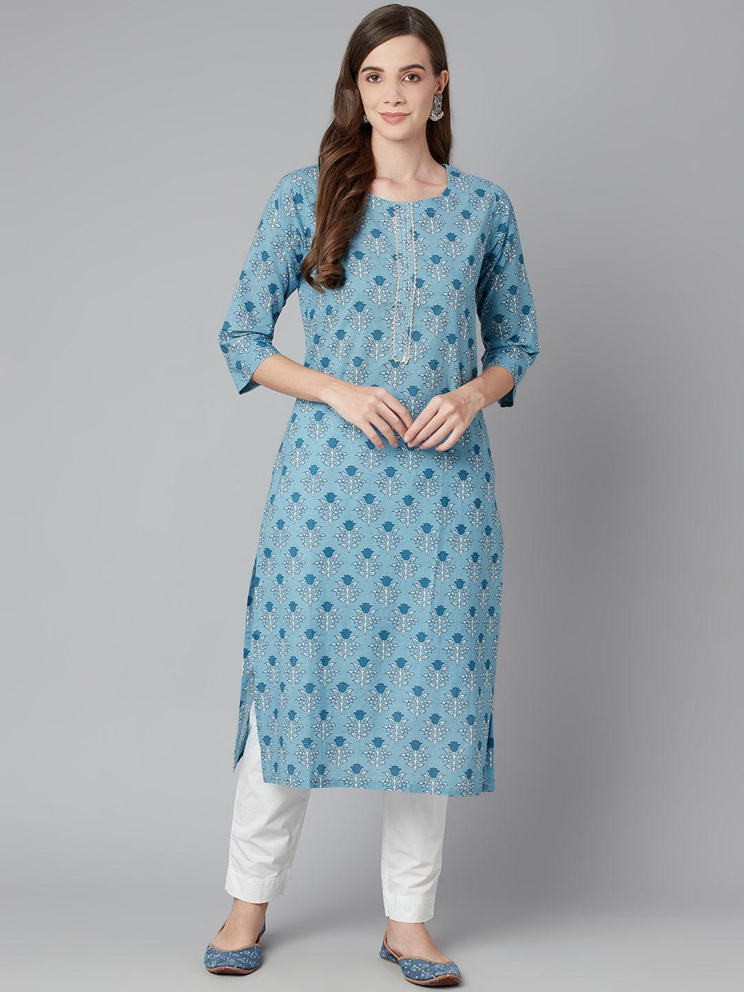 Divena Sky blue Floral Straight Kurta - divena world-Mohi