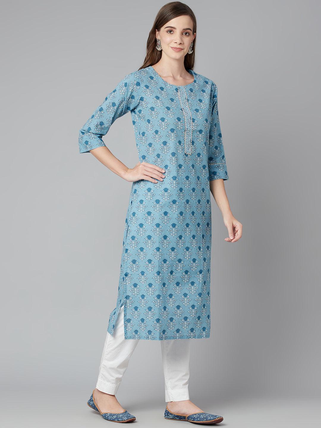 Divena Sky blue Floral Straight Kurta - divena world-Mohi