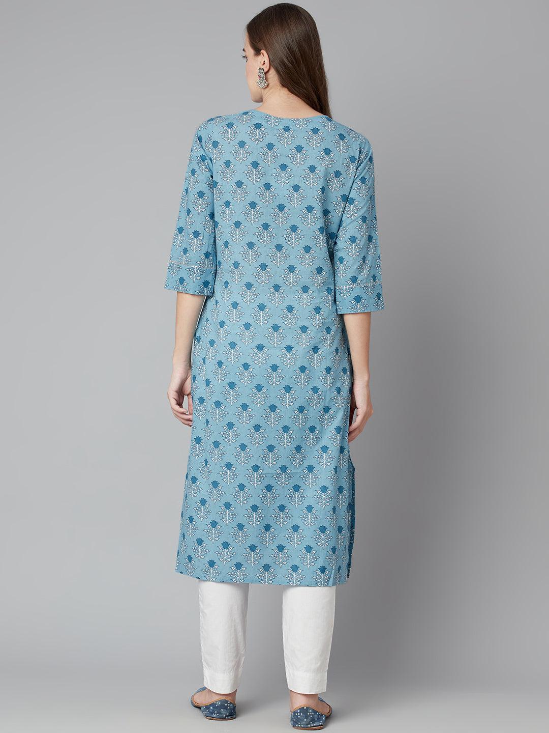 Divena Sky blue Floral Straight Kurta - divena world-Mohi