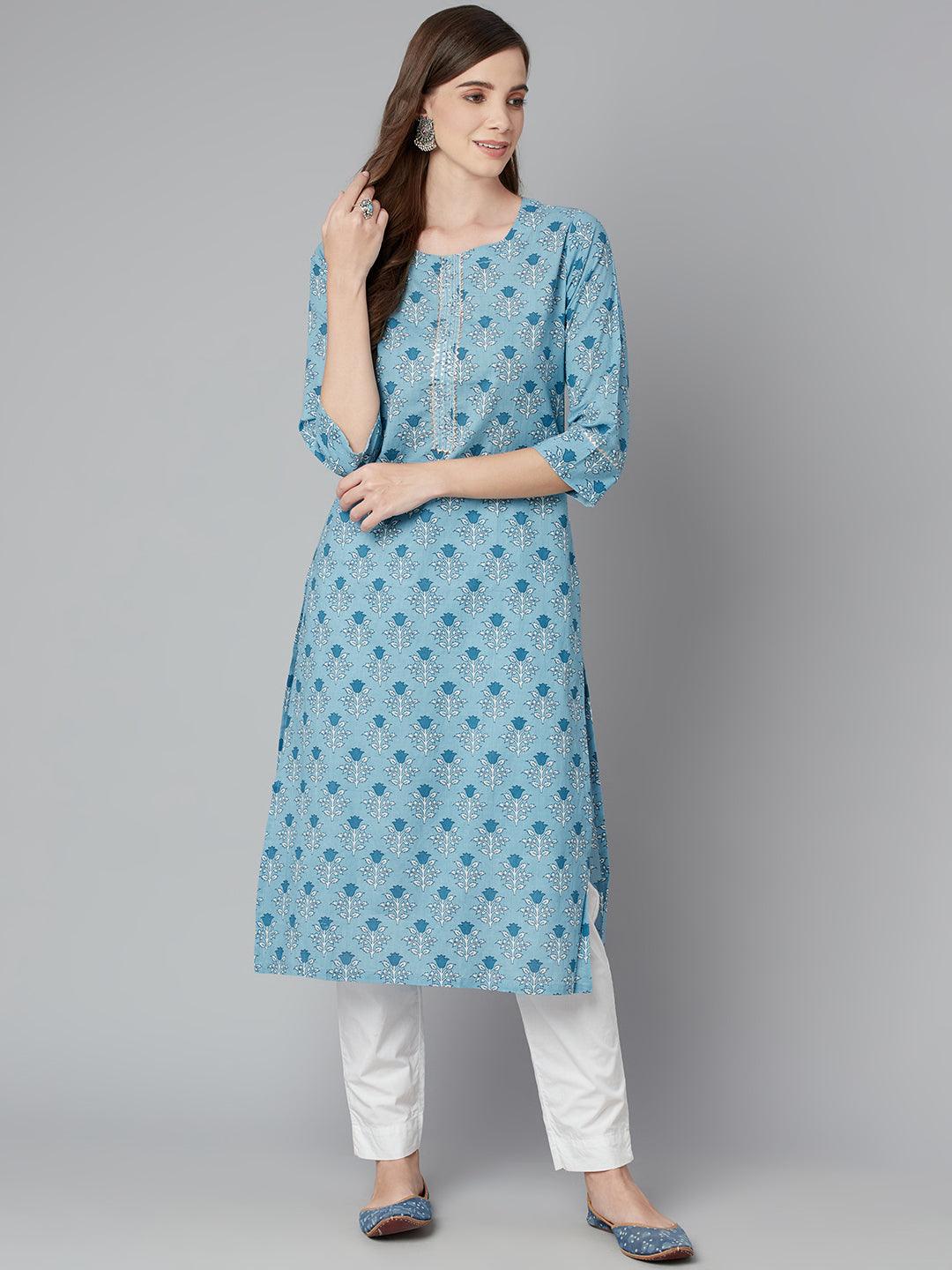 Divena Sky blue Floral Straight Kurta - divena world-Mohi