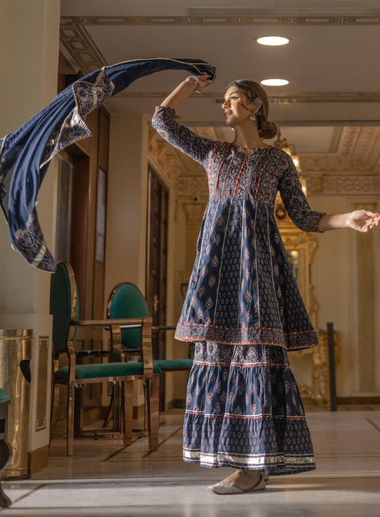 Indigo Blue Cotton Short Sharara Set With Dupatta