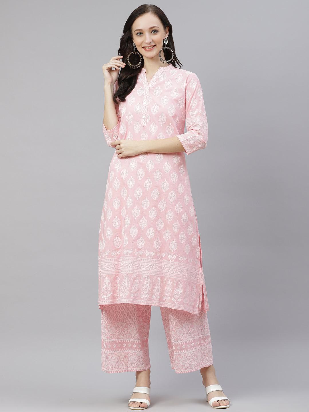 Divena Baby Pink Cotton Kurta Palazzo Set - divena world-Mohi