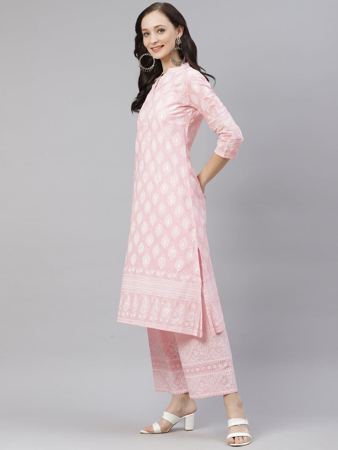 Divena Baby Pink Cotton Kurta Palazzo Set - divena world-Mohi