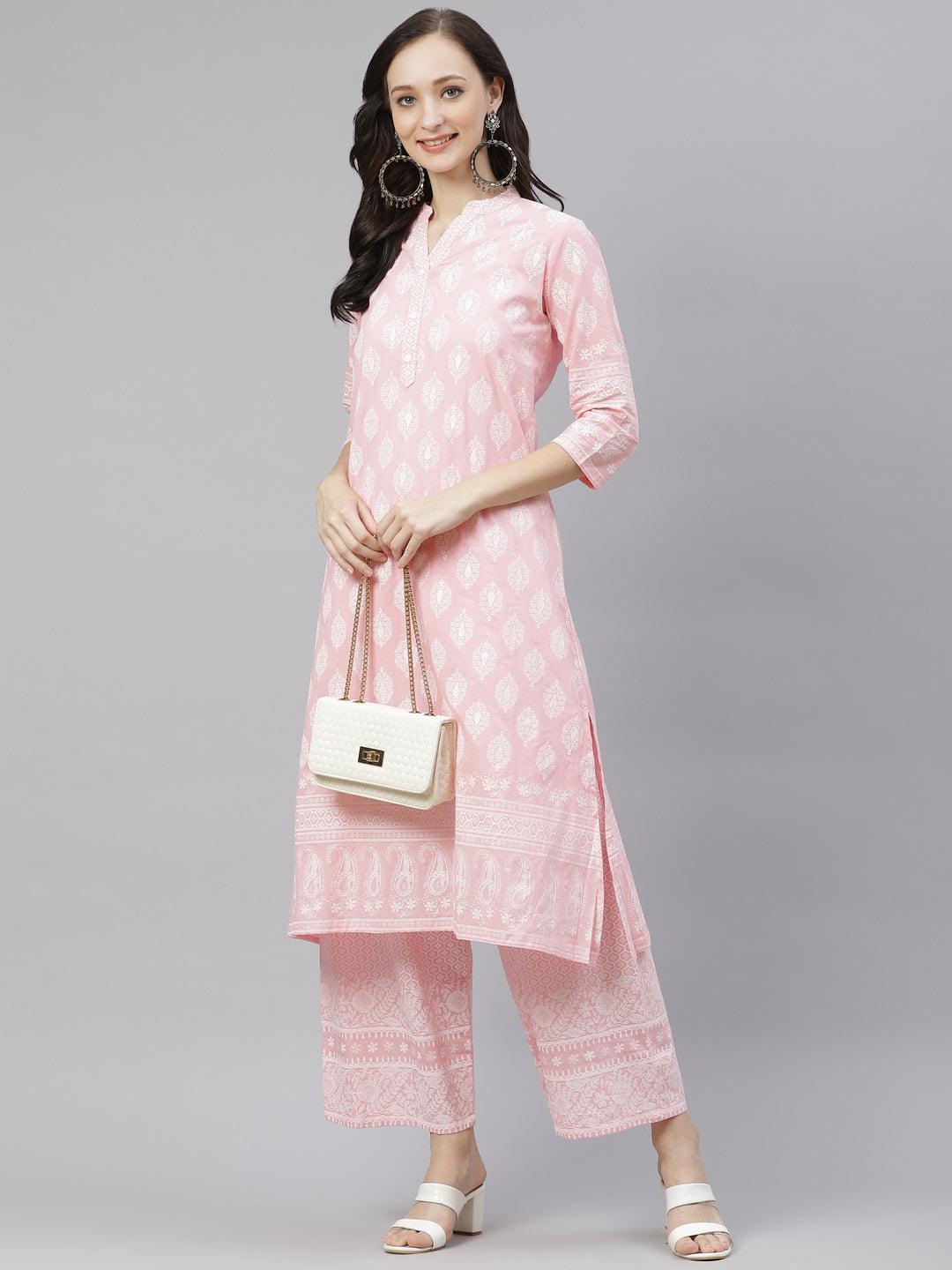 Divena Baby Pink Cotton Kurta Palazzo Set - divena world-Mohi