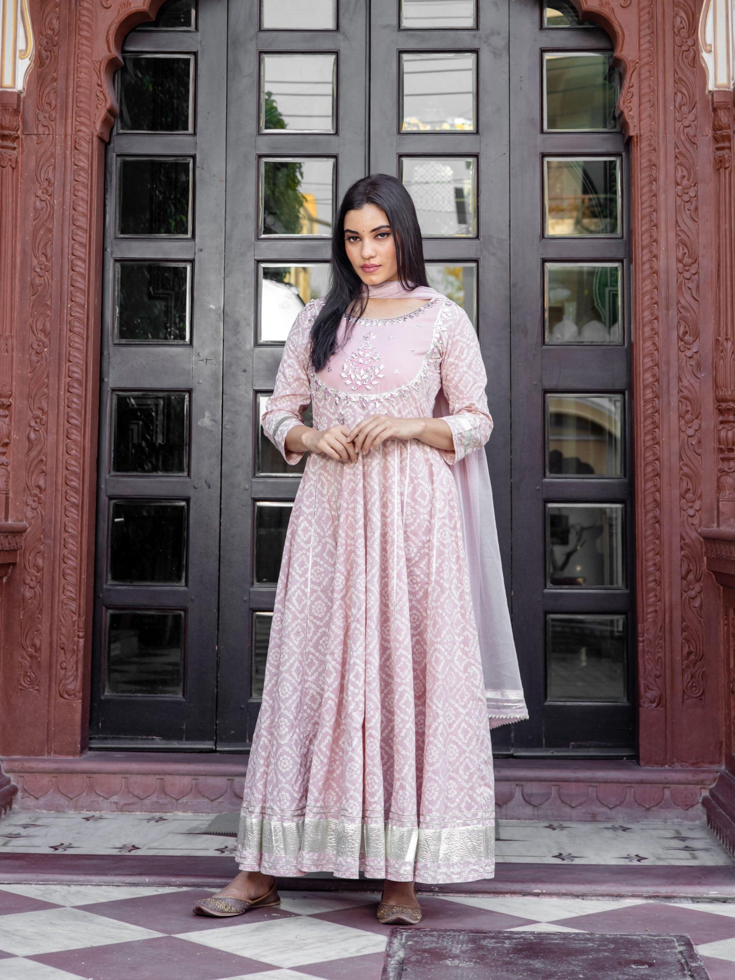 Divena Light Pink Cotton Anarkali Gown Pant set with Net Dupatta - divenaworld.com