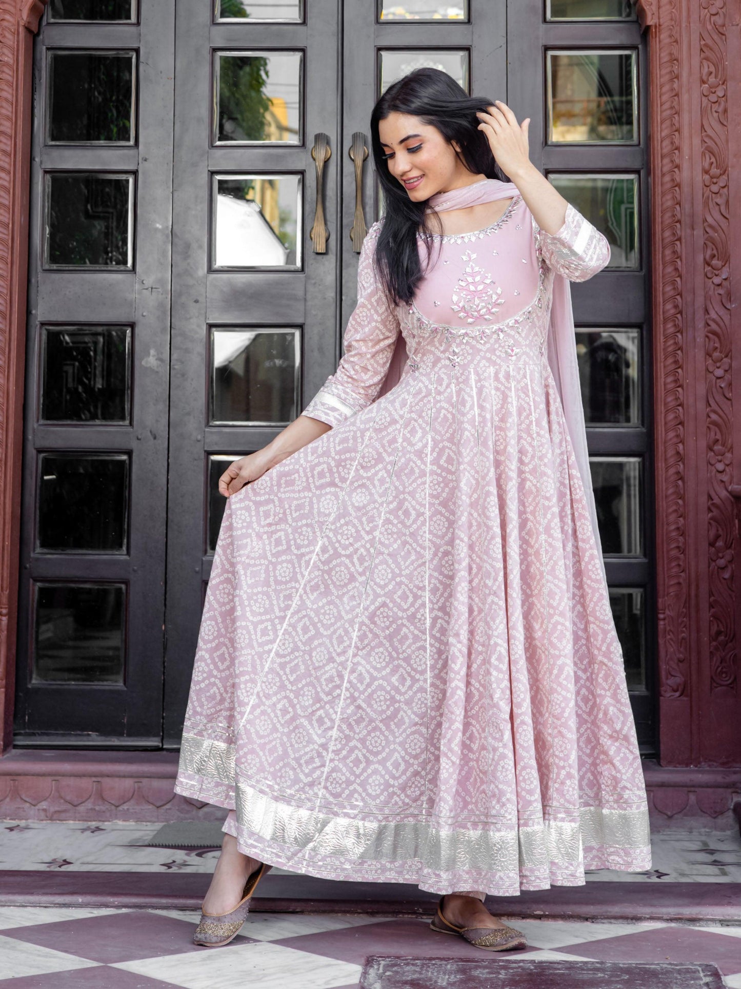 Divena Light Pink Cotton Anarkali Gown Pant set with Net Dupatta - divenaworld.com