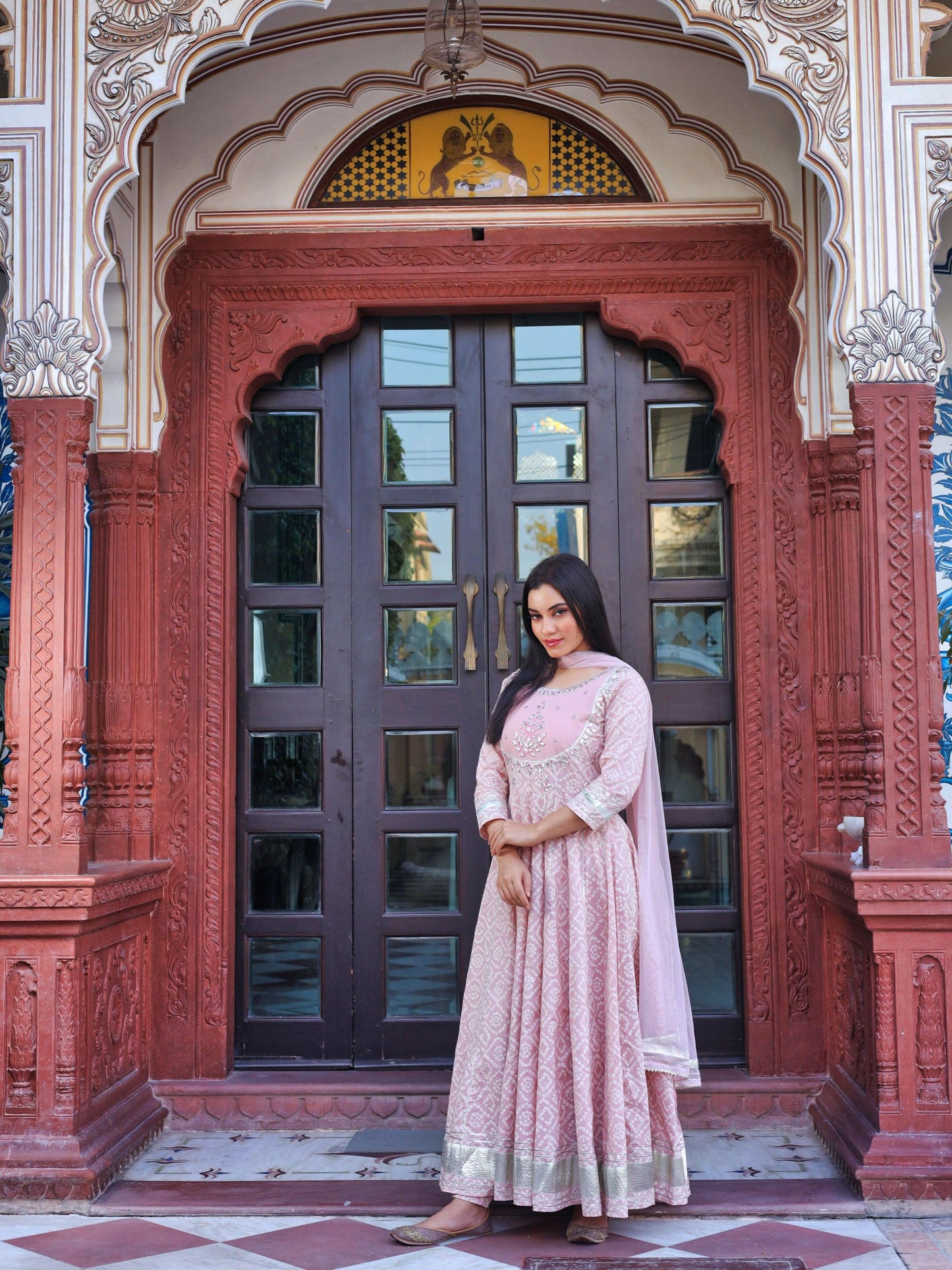 Divena Light Pink Cotton Anarkali Gown Pant set with Net Dupatta - divenaworld.com