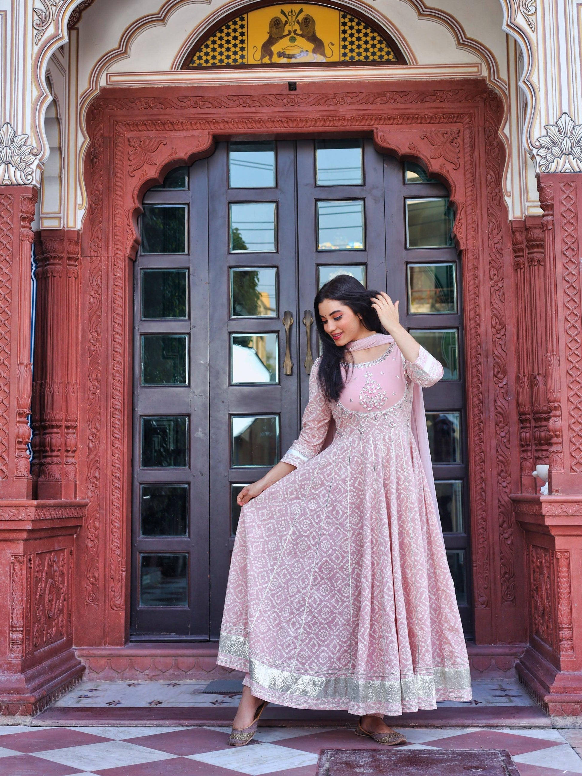 Divena Light Pink Cotton Anarkali Gown Pant set with Net Dupatta - divenaworld.com