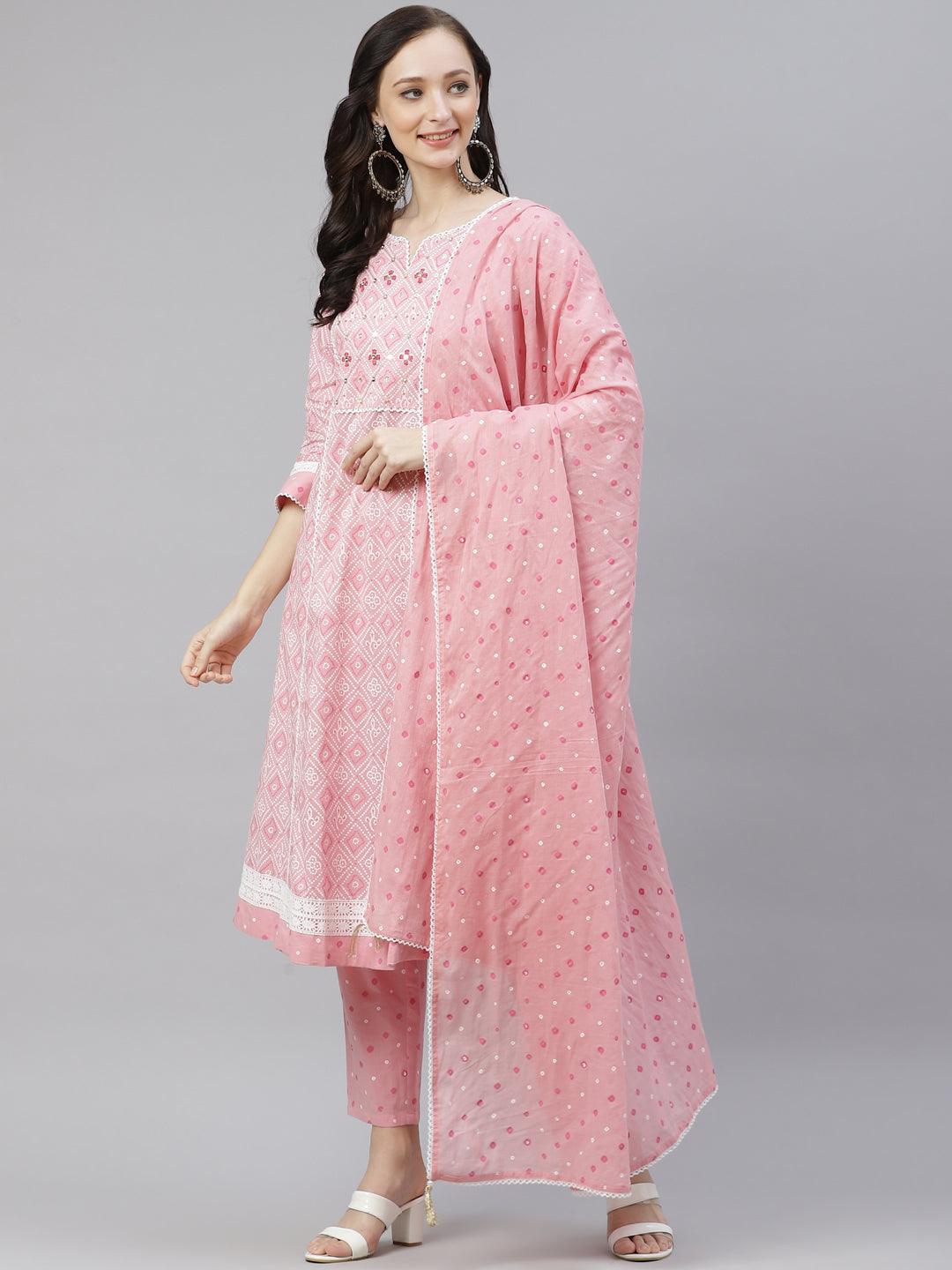 Divena Pink Cotton A-line kurta Pant set with Dupatta - divena world-Mohi