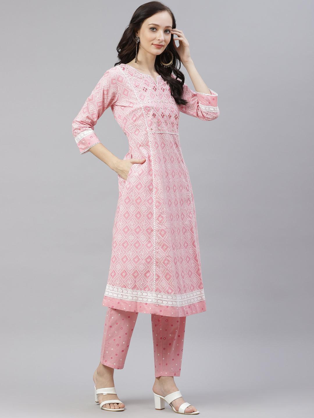 Divena Pink Cotton A-line kurta Pant set with Dupatta - divena world-Mohi