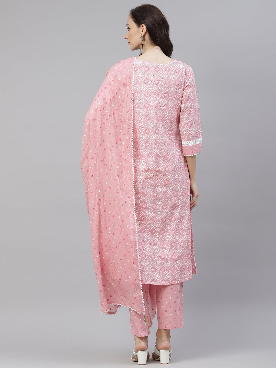 Divena Pink Cotton A-line kurta Pant set with Dupatta - divena world-Mohi