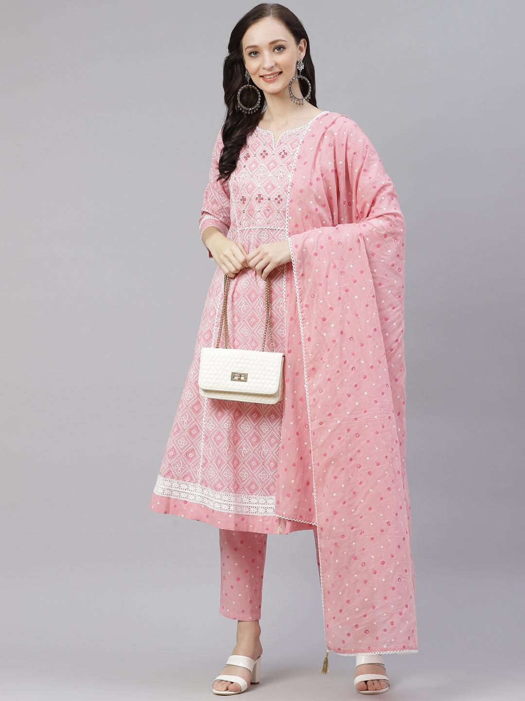 Divena Pink Cotton A-line kurta Pant set with Dupatta - divena world-Mohi