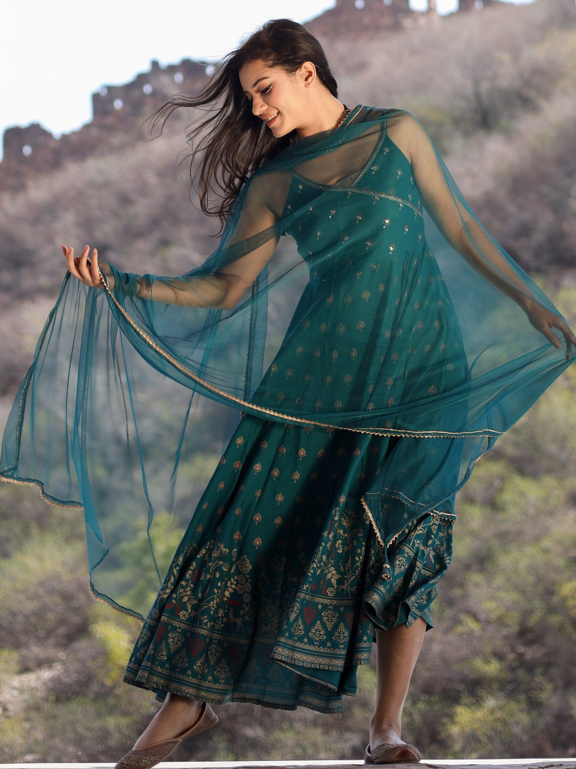 Divena Rama green Rayon Shoulder Strip Anarkali Kurta with Net Dupatta - divenaworld.com