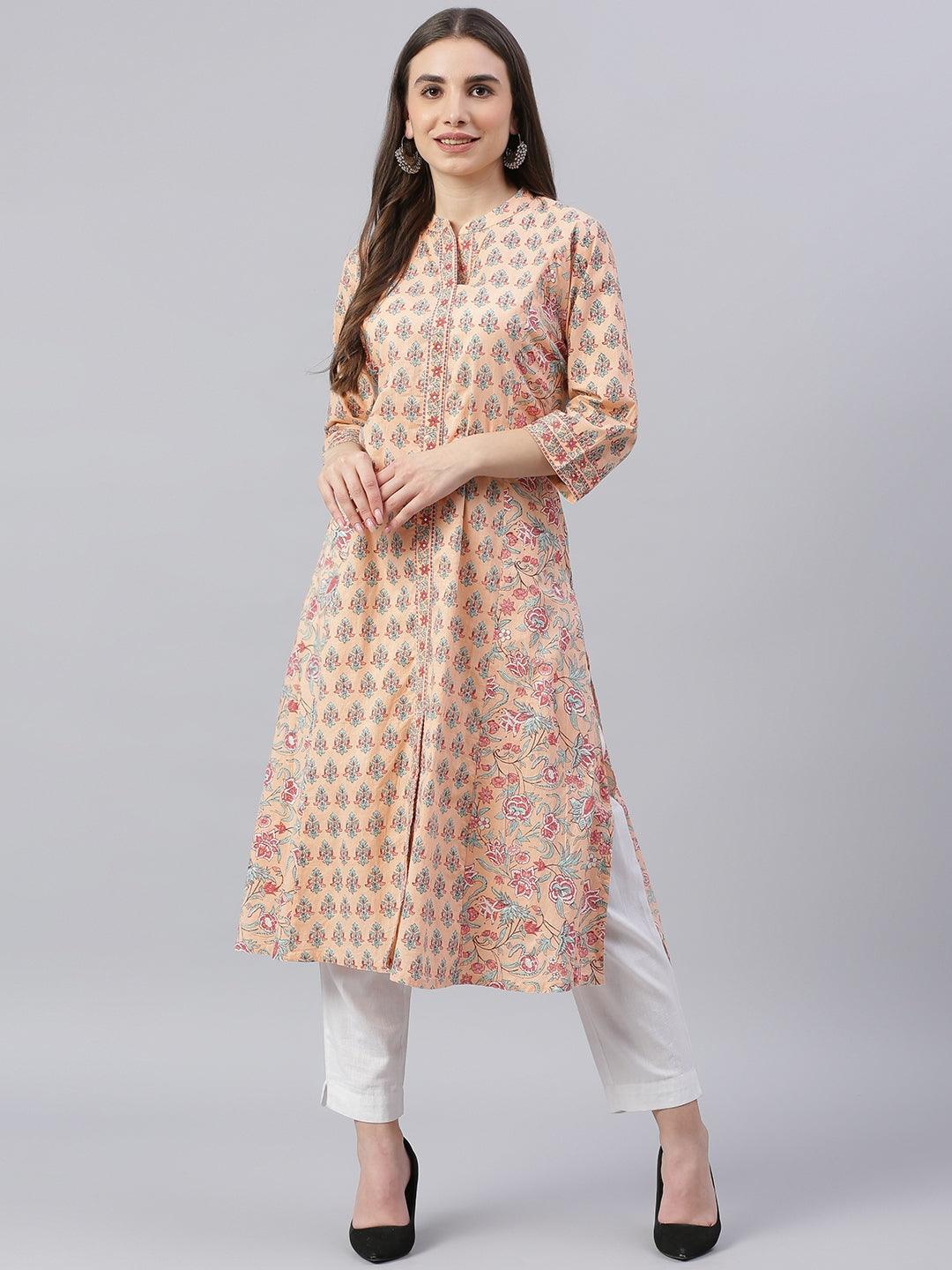 Divena Divena Peach Cotton A-line Kurta - divena world-Mohi