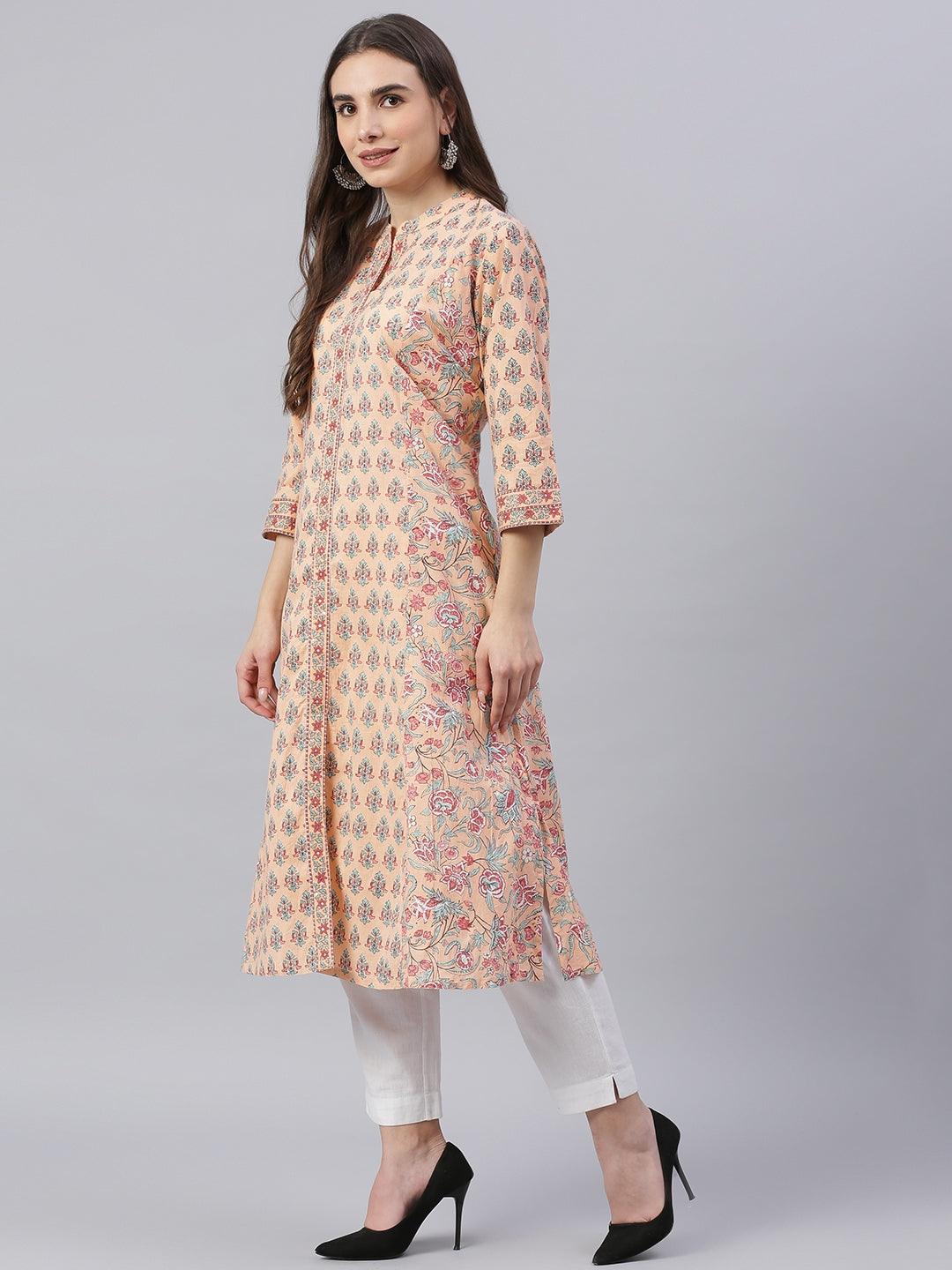 Divena Divena Peach Cotton A-line Kurta - divena world-Mohi