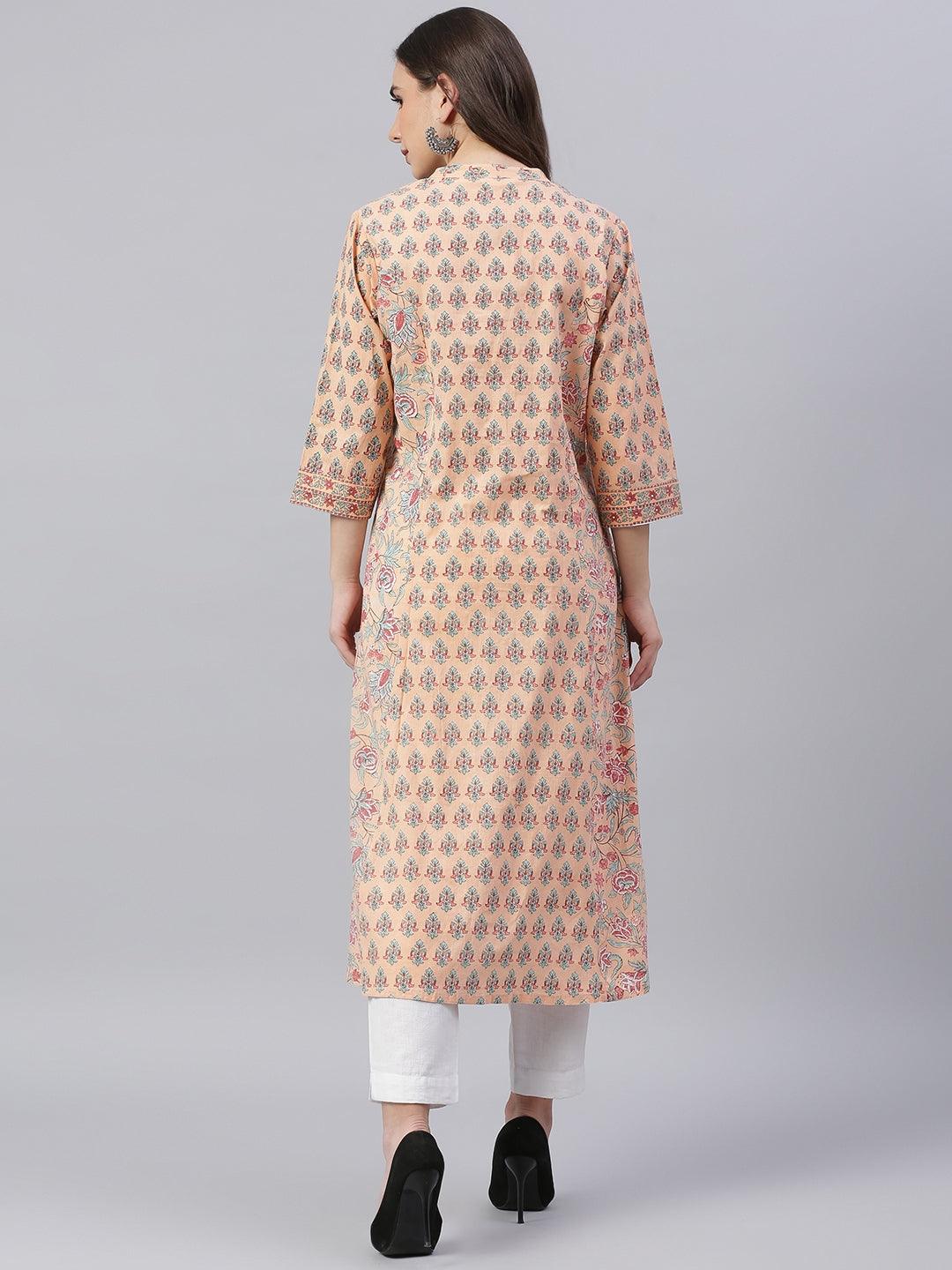 Divena Divena Peach Cotton A-line Kurta - divena world-Mohi