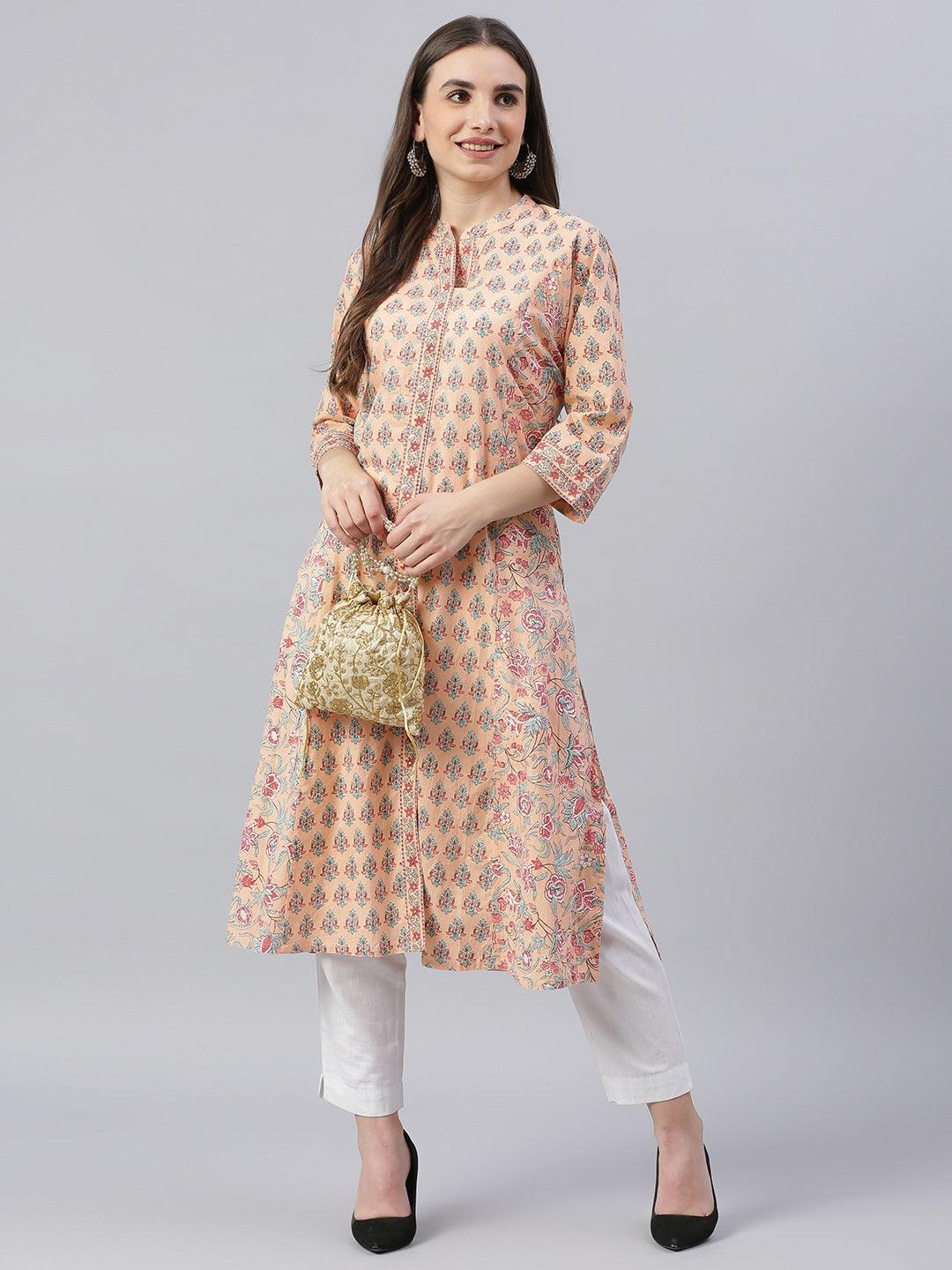 Divena Divena Peach Cotton A-line Kurta - divena world-Mohi