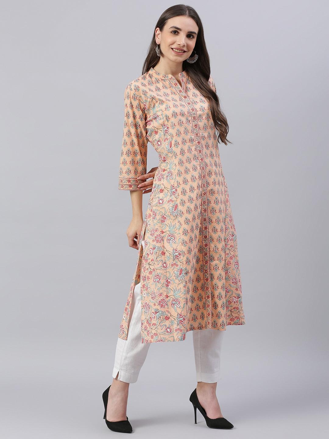 Divena Divena Peach Cotton A-line Kurta - divena world-Mohi