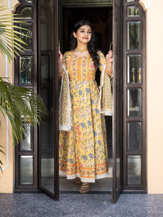 Divena Yellow Floral anarkali Pant Set with Dupatta - divenaworld.com