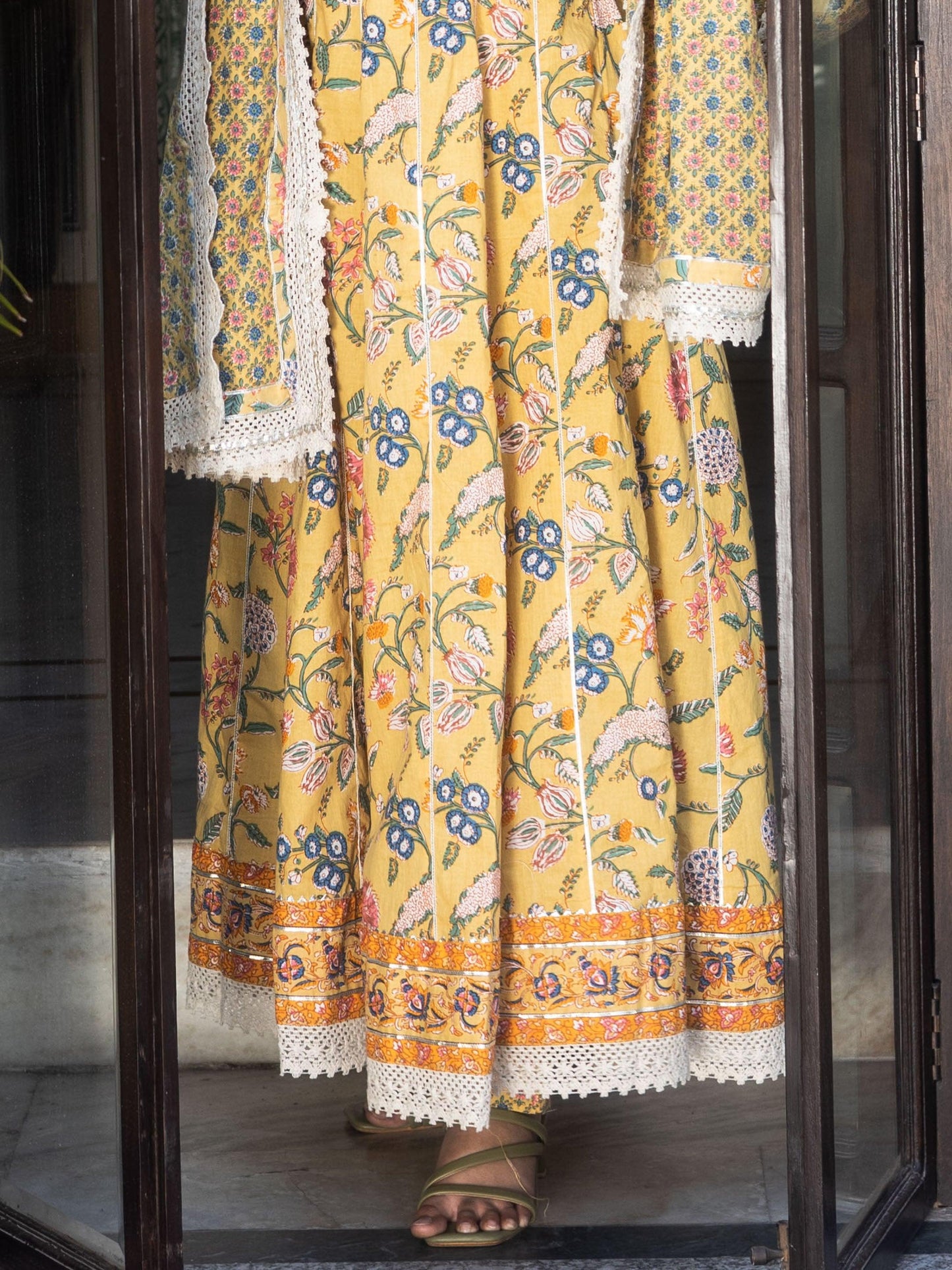 Divena Yellow Floral anarkali Pant Set with Dupatta - divenaworld.com