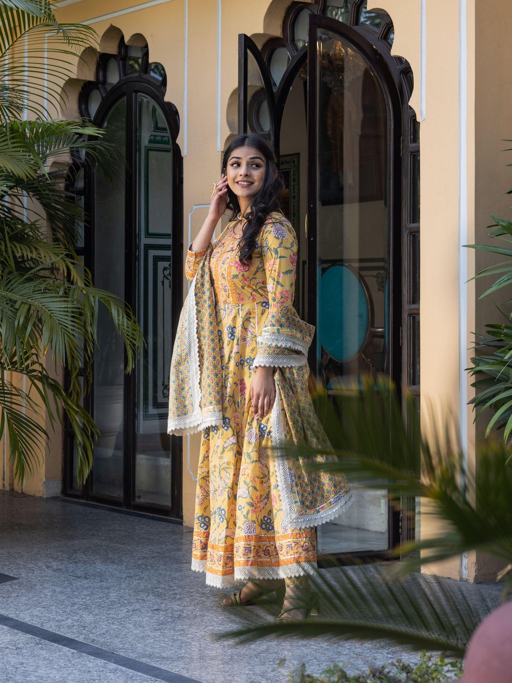 Divena Yellow Floral anarkali Pant Set with Dupatta - divenaworld.com