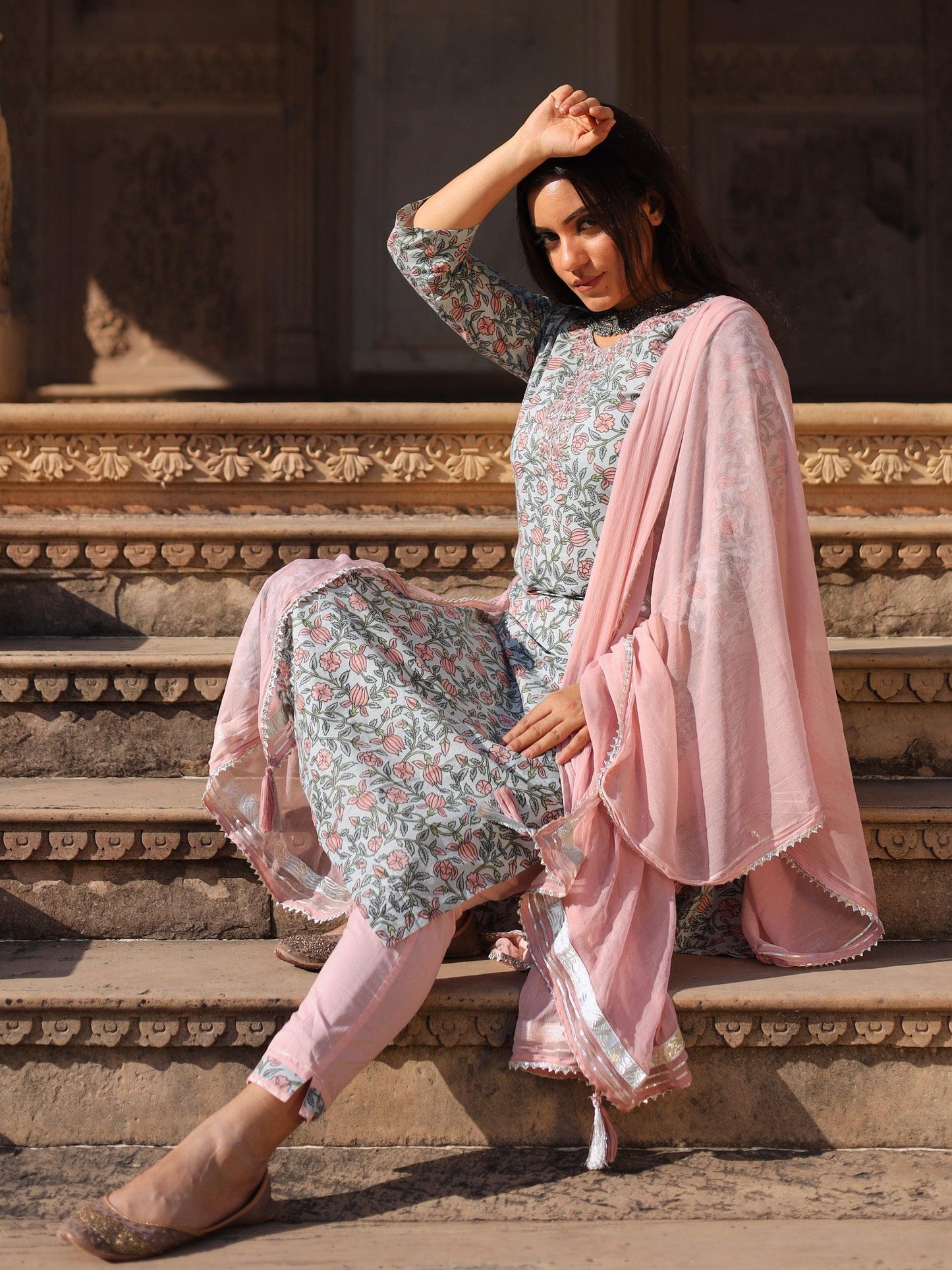 Divena Pastel Blue Floral straight Cotton Kurta Pant set with Dupatta - divenaworld.com