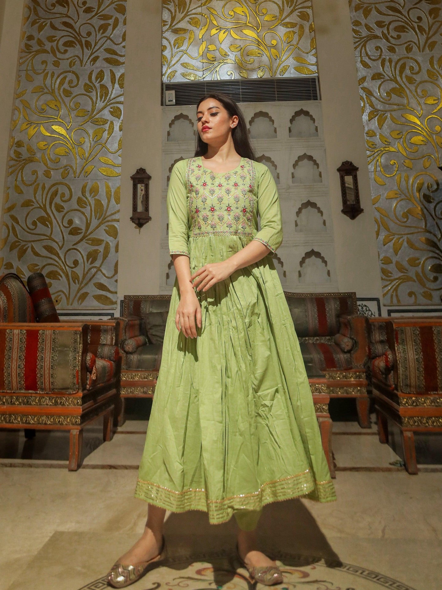 Divena Green Cotton Kurta Pant Set - divenaworld.com