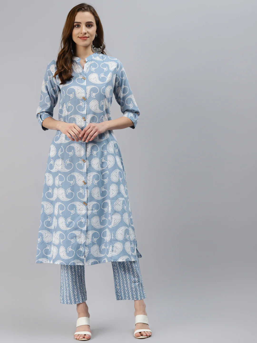 Blue Ethnic Motifs Printed Cotton Kurta With Palazzo Pants