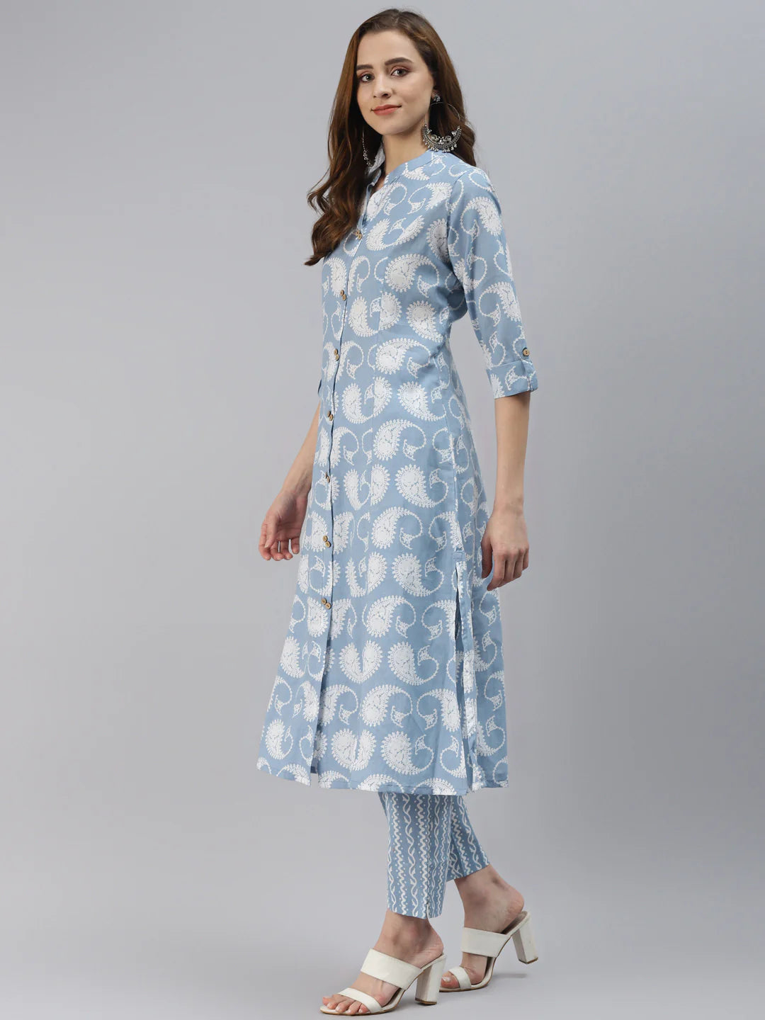 Blue Ethnic Motifs Printed Cotton Kurta With Palazzo Pants