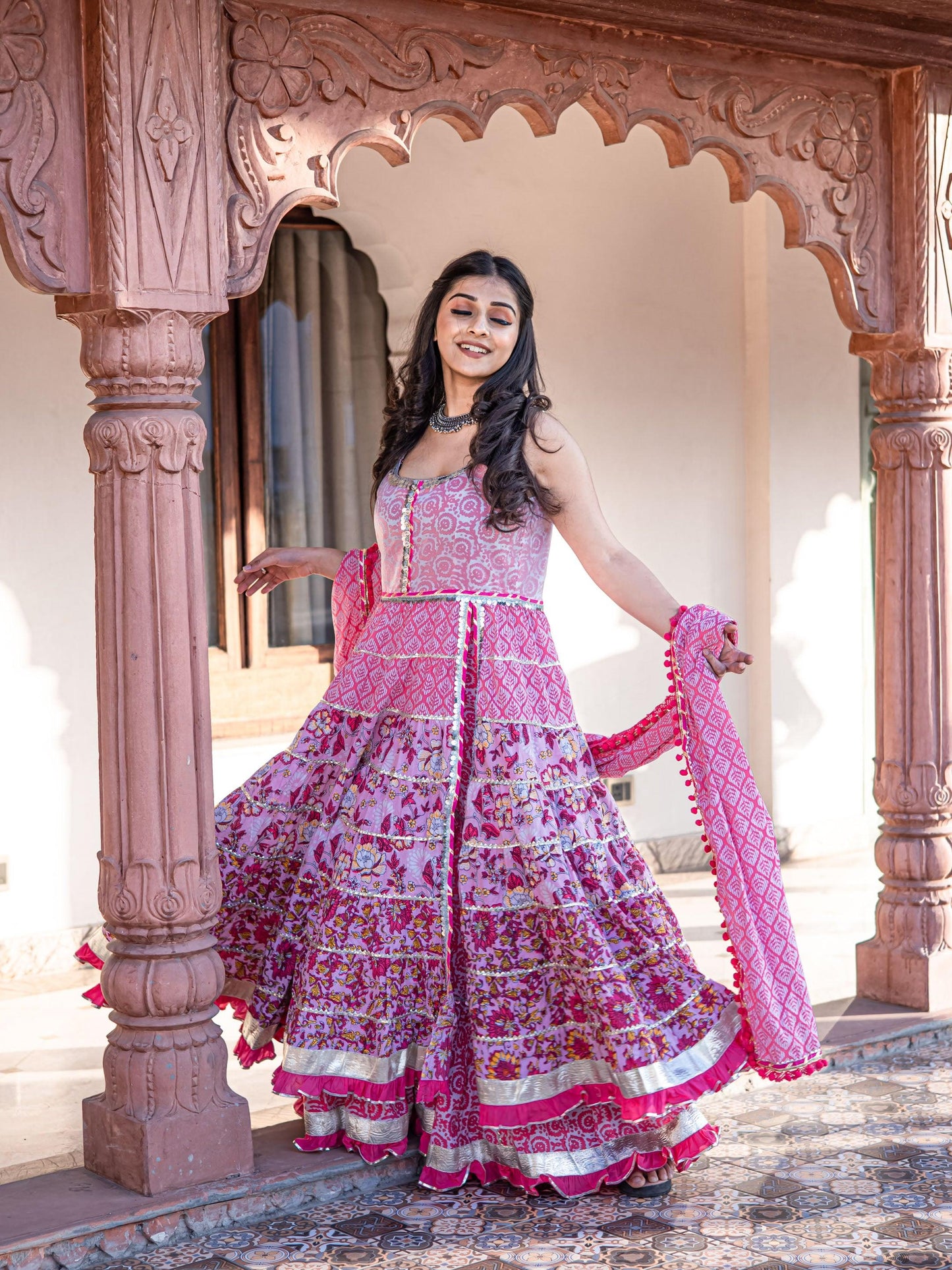 Pink Cotton Sleeve Less Anarkali Sharara Set With Dupatta