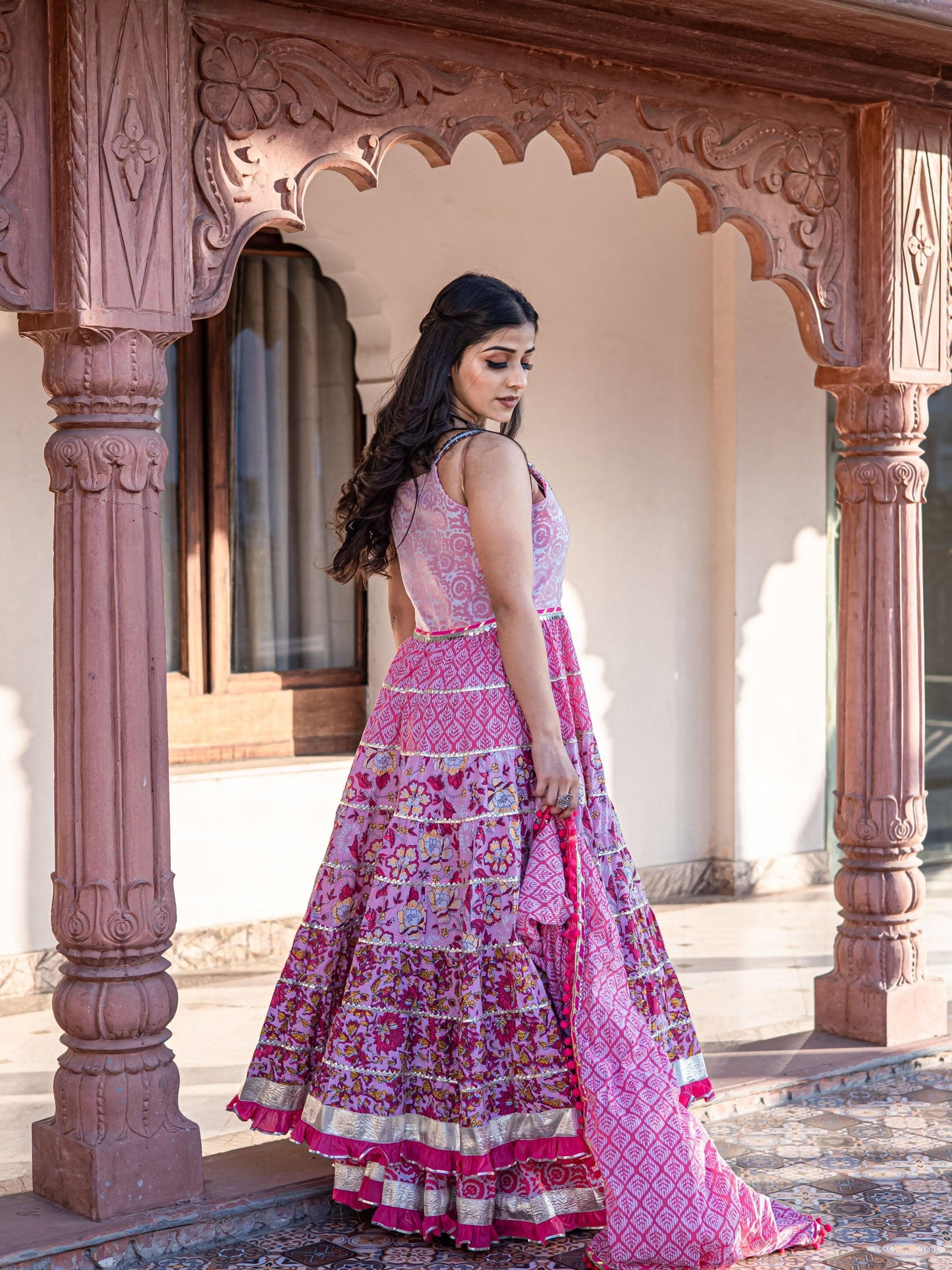 Pink Cotton Sleeve Less Anarkali Sharara Set With Dupatta