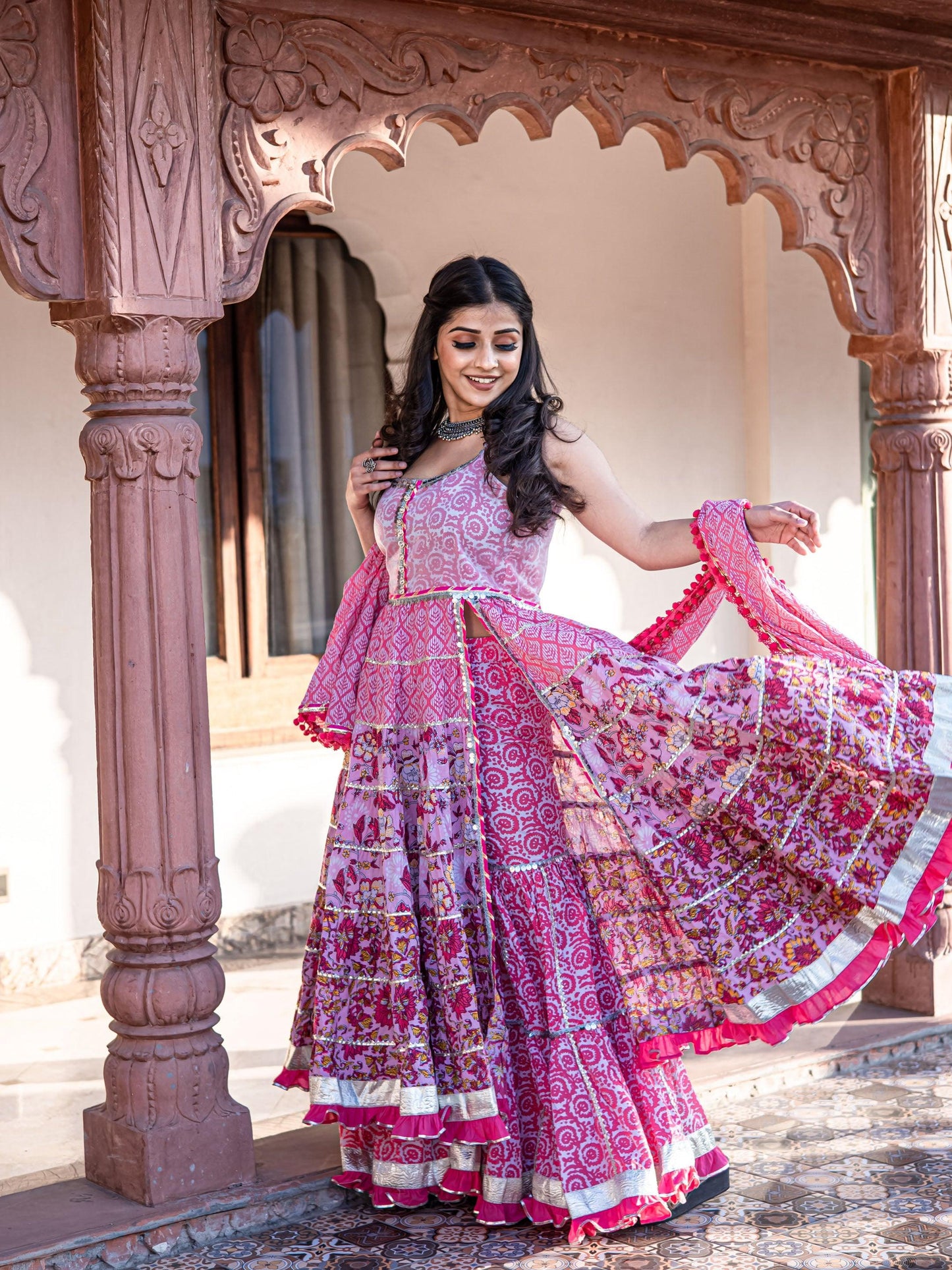 Pink Cotton Sleeve Less Anarkali Sharara Set With Dupatta