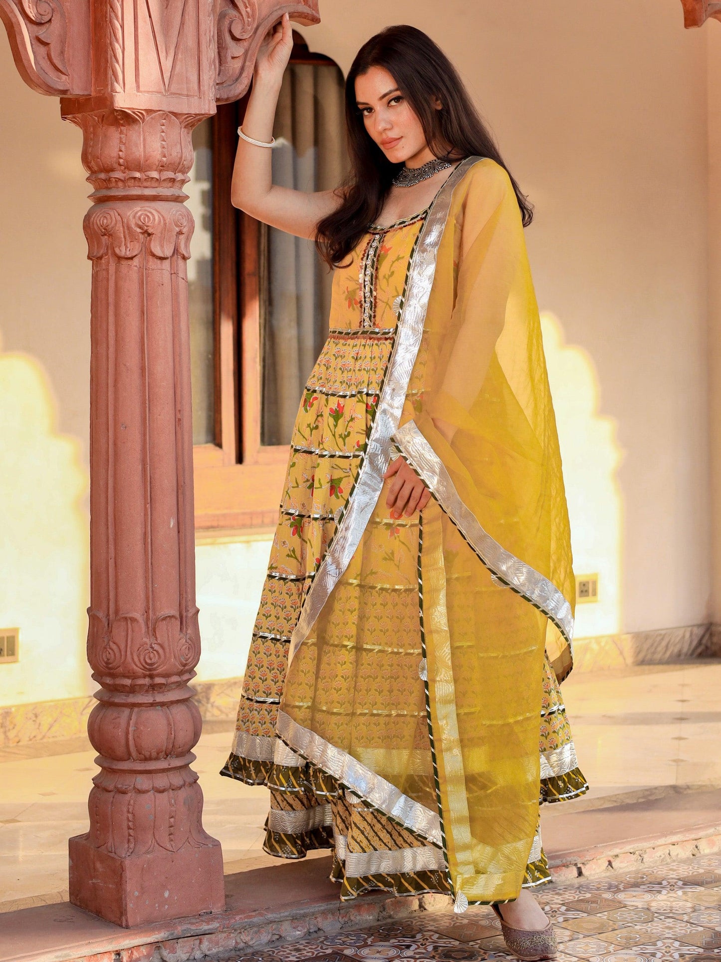 Divena Yellow Cotton Sleeves less anarkali Skirt Set With Dupatta - divenaworld.com