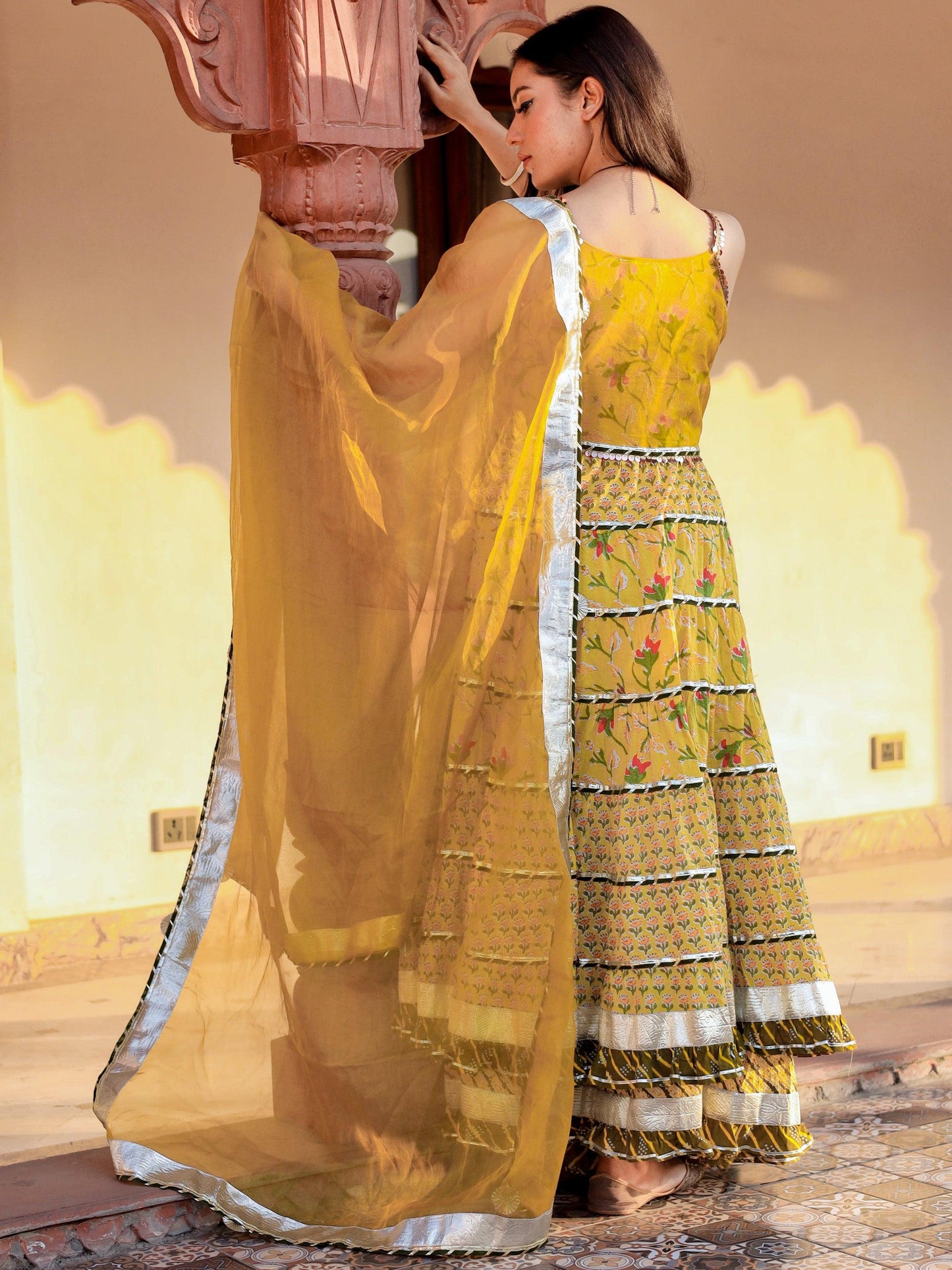 Divena Yellow Cotton Sleeves less anarkali Skirt Set With Dupatta - divenaworld.com