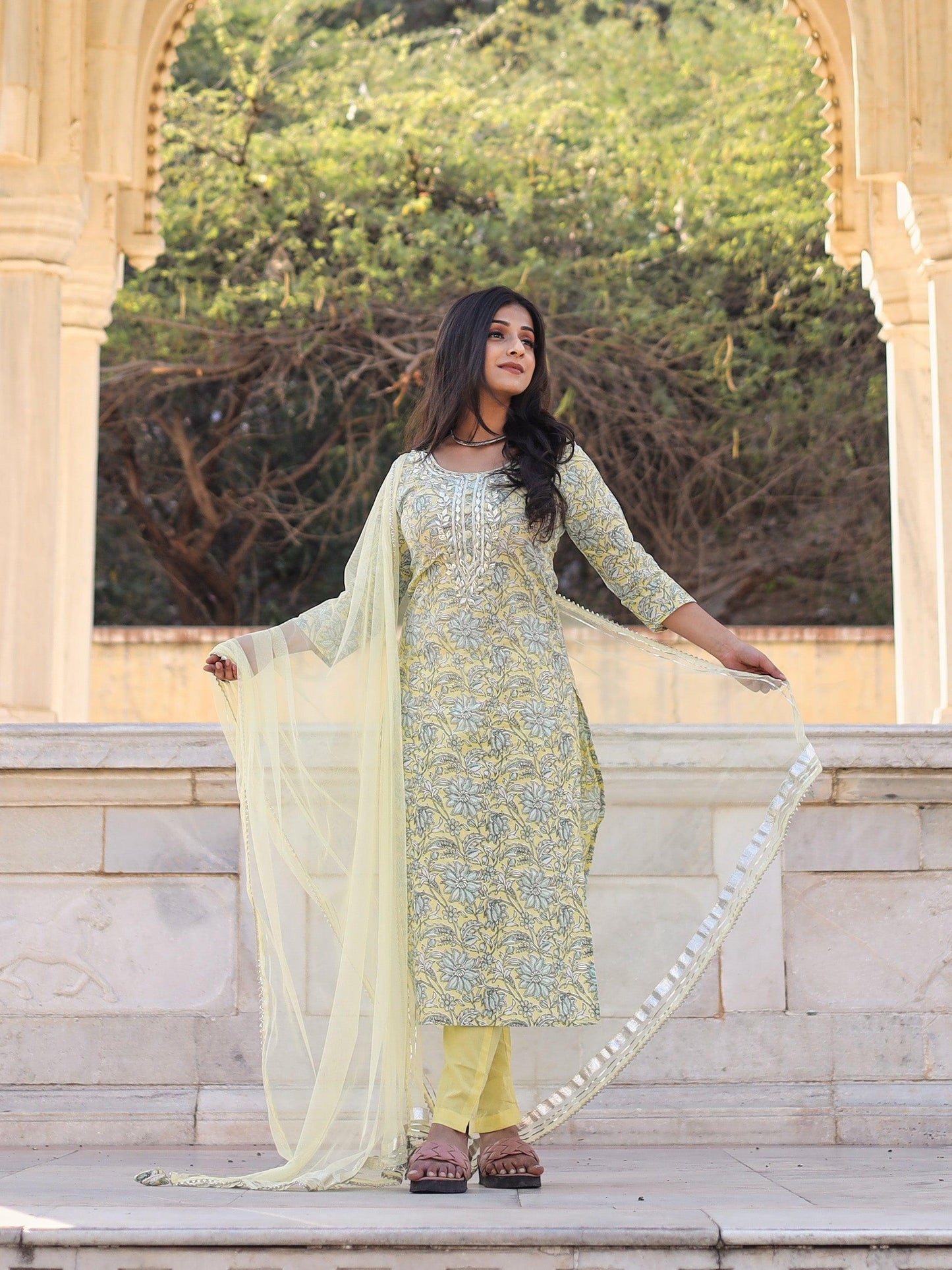 Divena yellow Cotton Straight Kurta pant set with dupatta - divenaworld.com