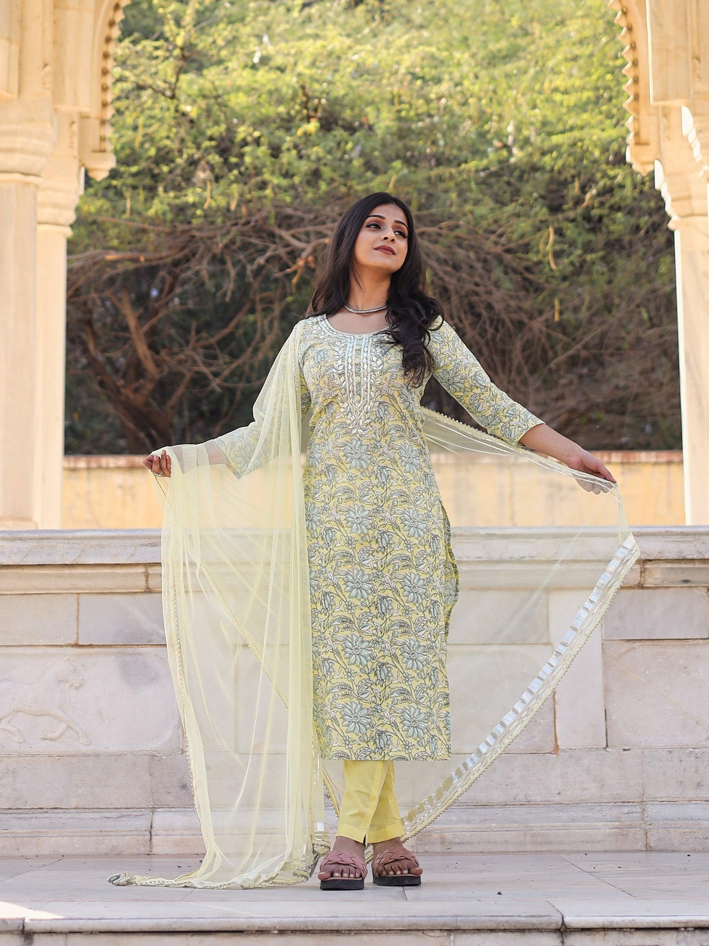 Divena yellow Cotton Straight Kurta pant set with dupatta - divenaworld.com