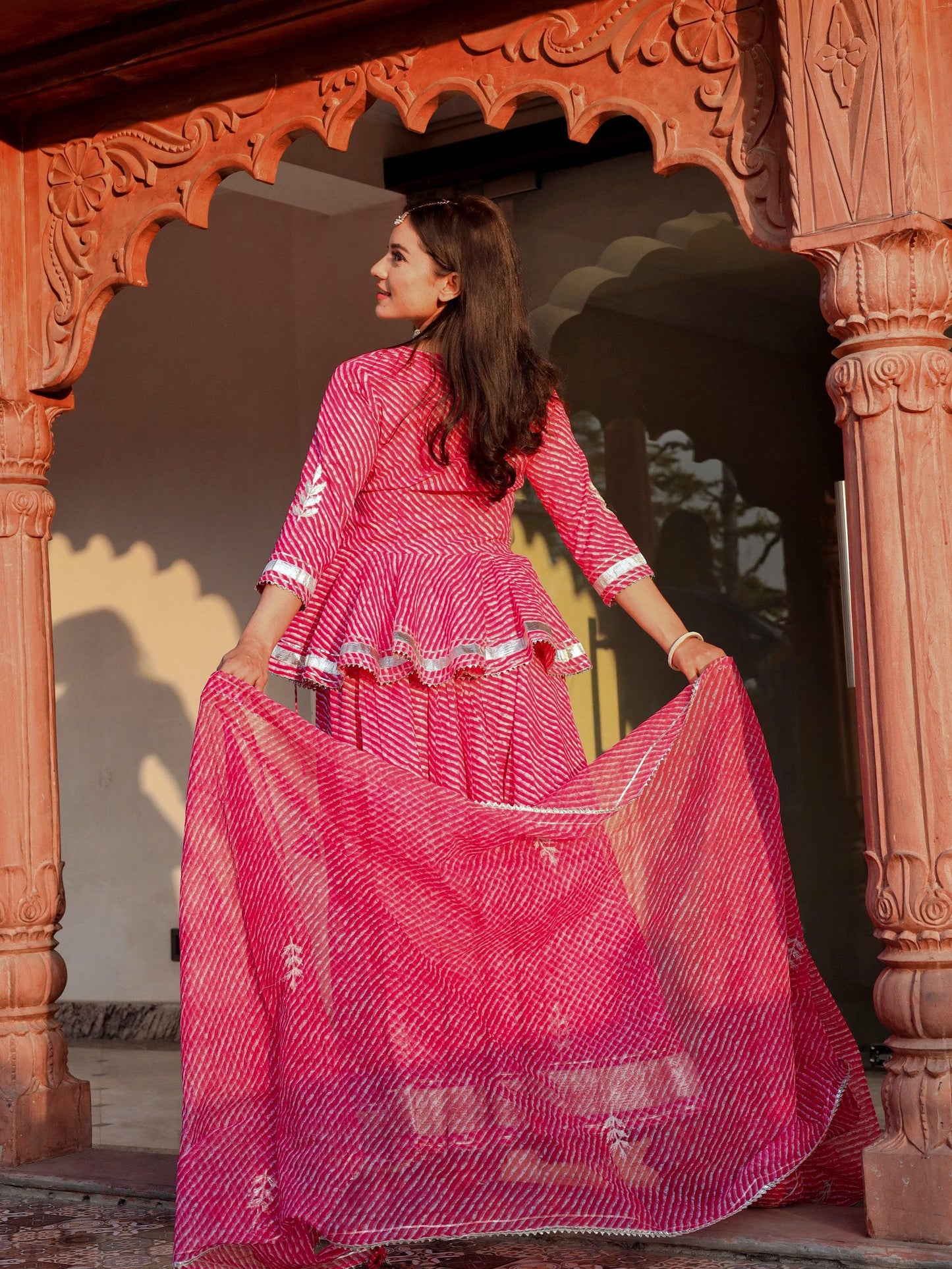 Divena Pink Lehriya lehenga dupatta set - divenaworld.com